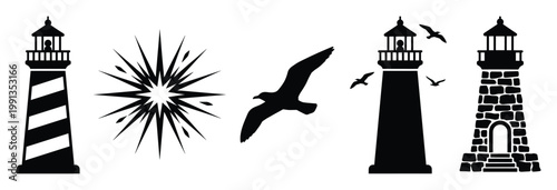 Lighthouses and flying seagulls with a compass star icon provide a versatile maritime graphic for various print media