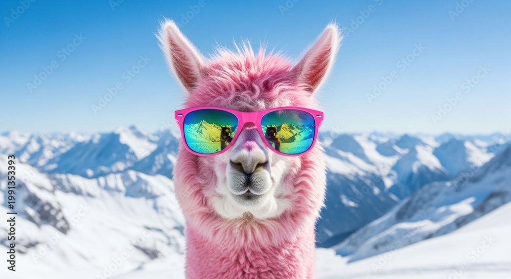 Fototapeta premium Pink Llama with Sunglasses in Snowy Mountain Landscape.