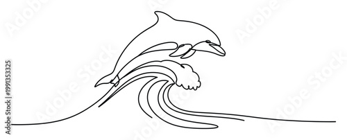 Dynamic single line drawing of a graceful dolphin leaping above a curling ocean wave, suitable for aquatic themes.