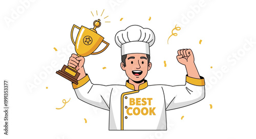Happy professional chef holding a golden trophy cup.