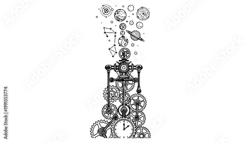 Mechanical gear system transforming into cosmic universe black and white technical vector illustration