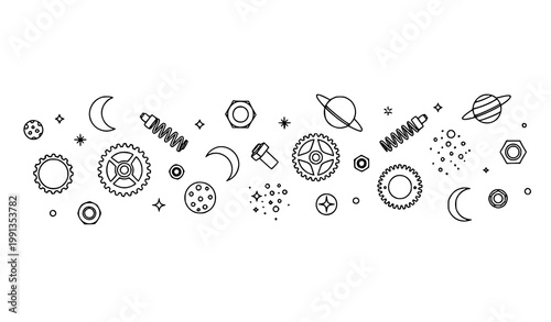 Minimalist scattered gears and space elements black and white vector illustration with floating mechanical components