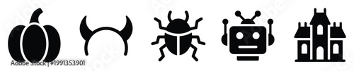 Essential graphic elements like pumpkin devil horns beetle robot and haunted mansion for seasonal event decorations and application interfaces