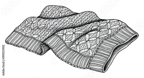 Detailed linear rendering of folded knitted fabric showing woven patterns and cozy texture for creative design applications
