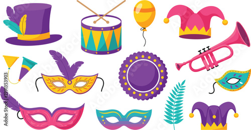Carnival festival elements vector illustration set including masks hat drum trumpet balloons and decorative accessories isolated on light background for party design