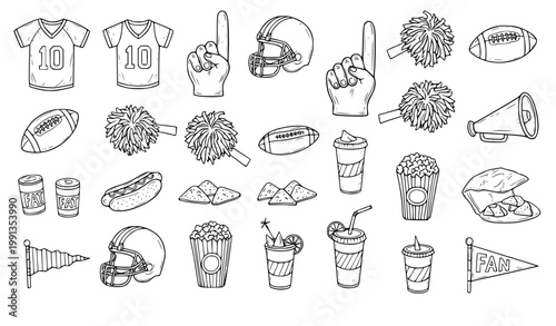 American football doodle set hand drawn sports fan gear helmet ball snack vector illustration