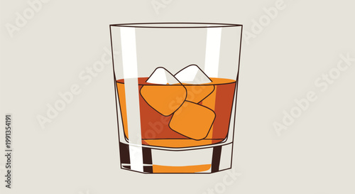Illustration of a glass of whiskey with ice cubes.