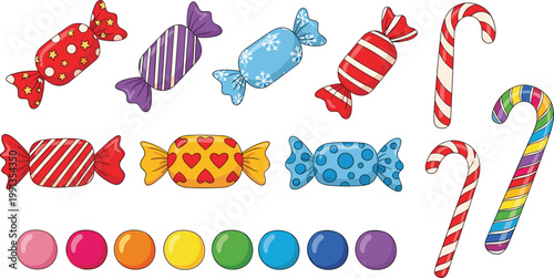Colorful candy sweets vector illustration set including wrapped candies lollipops sugar balls and candy canes isolated on light background for confectionery design