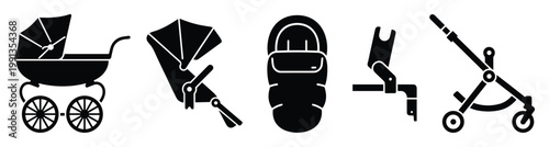Comprehensive set of baby stroller and carriage icons representing infant travel equipment for product design and familyrelated content needs.