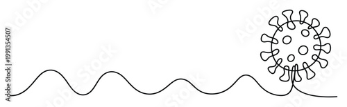 Single continuous line drawing of a coronavirus shape on a wavy path symbolizing health trends and research