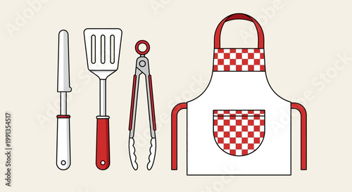 Illustration of barbecue cooking tools and a checkered apron.