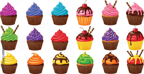Colorful cupcake collection vector illustration featuring assorted frosting flavors chocolate toppings and sprinkles isolated on light background for bakery and dessert design