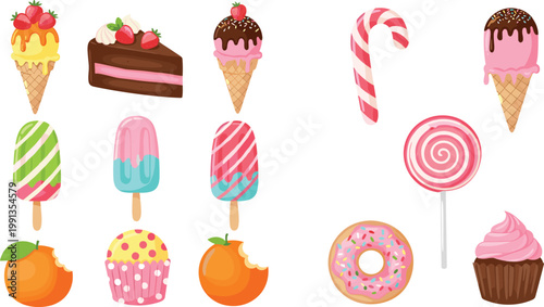 Colorful sweet dessert vector illustration set including ice cream donuts cupcakes candy cane lollipop and fruity treats isolated on light background for bakery design