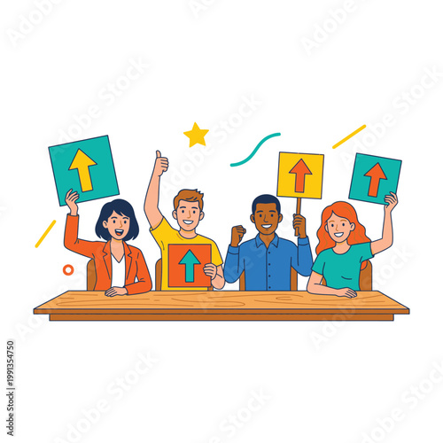 Diverse group of people holding up signs with arrows