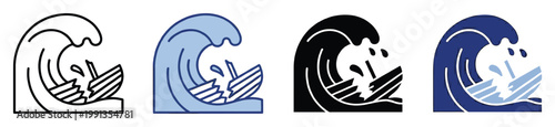 Icon set featuring a huge wave and broken ship, symbolizing maritime disaster and storm danger