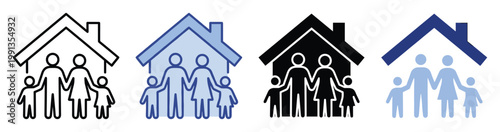 Family group inside a house icon symbolizing home protection and residential safety for various applications.