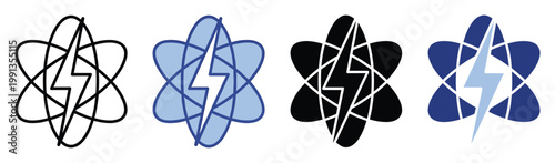 Dynamic atomic orbital and lightning bolt emblem representing energy, science, and electrical power for technological branding and scientific concepts.