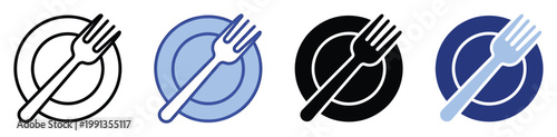 Simple dining plate and fork icon set for menu interfaces, food applications, and restaurant signage concepts