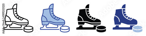 Ice skate and hockey puck icons in multiple styles for winter sports activities and recreational graphics.