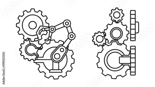 Detailed outline illustration of interconnected mechanical gears with a robotic arm and stacked gear system, representing engineering, automation, and industrial technology.