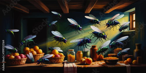 Swarm of house flies invading rustic kitchen with fruit baskets and sunlight, dramatic pest infestation illustration
