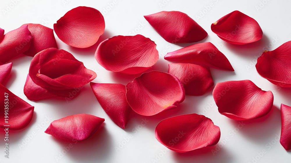 Fototapeta premium Vibrant red rose petals scattered on white surface