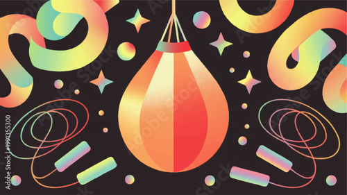 Retro futuristic boxing sports illustration with a glowing neon punching bag jump ropes and abstract curved shapes on a dark starry grainy background