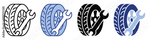 Car wheel with tool symbol representing auto service station or mechanic workshop solutions