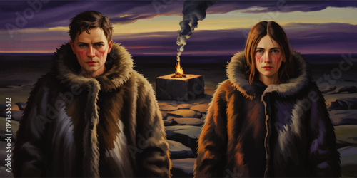 Dramatic digital painting of two fur clad survivors by a campfire at dusk, cinematic wilderness portrait in a cold remote landscape
