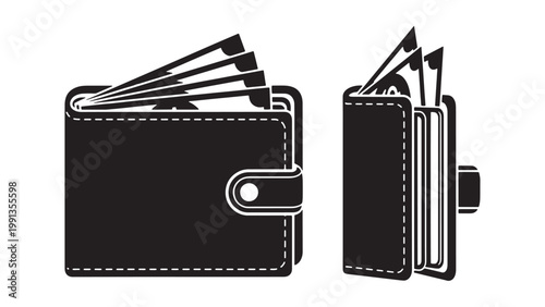 Black silhouette vector icon of a wallet full of cash money, showing both front and side views, representing finance, payment, savings, and wealth.