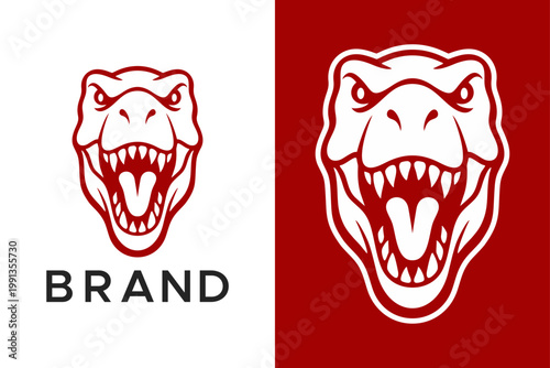 Modern Minimalist Fierce T-Rex Mascot Logo Design, Red Roaring Dinosaur Head Vector Emblem Badge