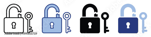 Broken padlock and key icons representing security breach or vulnerability, ideal for user interface and warning indicators
