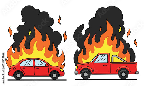 Red sedan car and pickup truck engulfed in flames with heavy smoke, useful for safety warnings or disaster themes