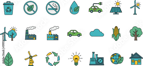 Eco friendly energy and environment icons vector set including recycling solar panels wind turbines electric car and green sustainability symbols isolated on light background