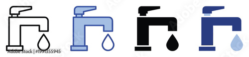 Modern faucet and dripping water drop icons representing conservation and plumbing solutions for various digital applications