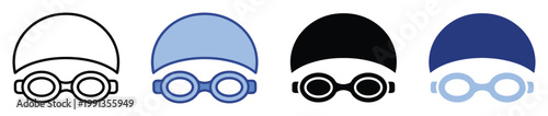 Swimming cap and goggles icon set for aquatic sports and water activities branding and web design