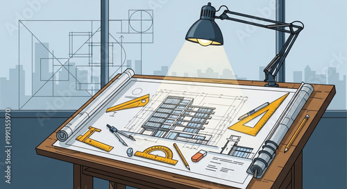 Architectural drawing on a drafting table with tools and lamp.
