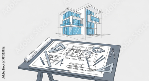 Architectural drawing on drafting table with building sketch.