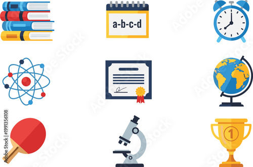Education and science icons vector set including books globe microscope diploma clock ping pong and academic symbols isolated on light background