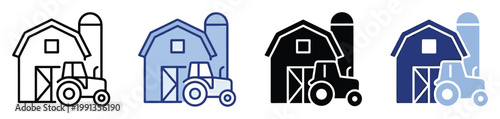 Farm icon showing barn, silo, tractor, perfect for agricultural designs and rural business applications.