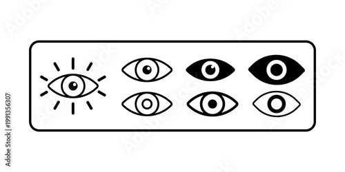 Collection of stylized eye icons representing vision and observation with varying intensity and design elements