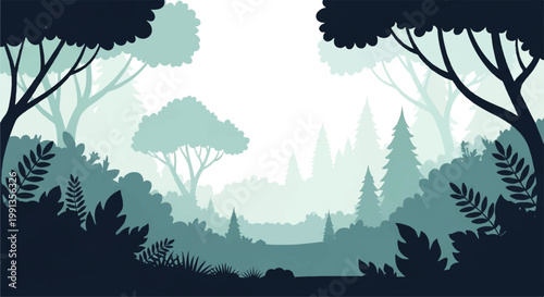 Vector flat design illustration of a misty forest landscape with silhouetted trees and lush foliage in cool blue tones