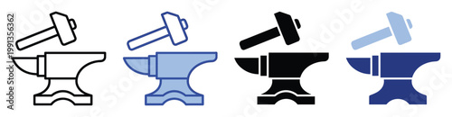 Blacksmith anvil and hammer workshop tool icons demonstrating craftsmanship and metalworking principles for industry related concepts