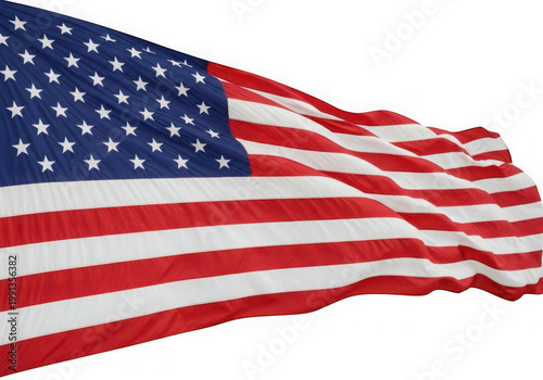 The american flag waving proudly under sunlight with vibrant red and white stripes isolated on transparent background