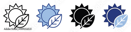 Sun and leaf icon symbolizing renewable energy and environmental sustainability, ideal for ecofriendly product branding and green technology applications.