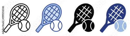 Graphic tennis racket and ball icons for sports applications, athletic branding, and recreational activity content.