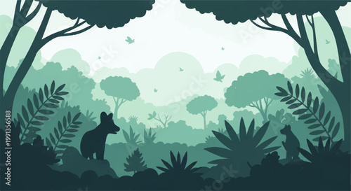 Vector flat design illustration of a serene forest landscape with silhouetted animals and lush green foliage