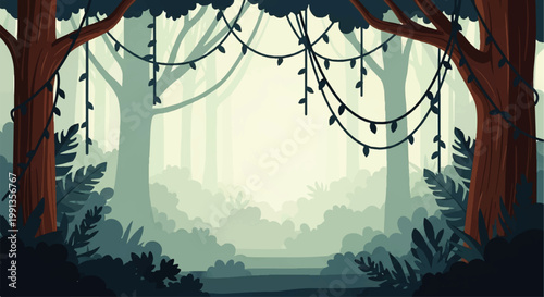 Enchanting jungle path illuminated by hanging string lights, a beautiful vector flat design illustration