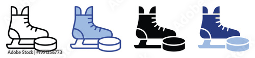 Ice hockey skate and puck graphic symbol for sports event promotion or winter recreation activity branding purposes