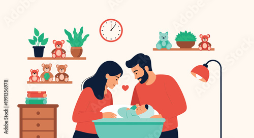 Happy parents looking at their newborn baby while giving him a bath in a small tub within a cozy room decorated with various toys and plants.